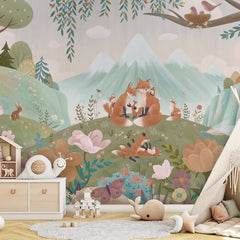 Fox Family wallpaper mural shown in a children's bedroom teepee