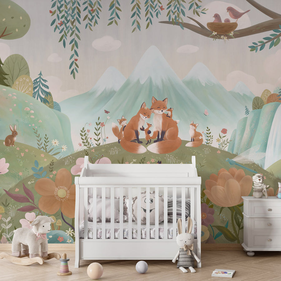 Fox Family wallpaper mural shown in a children's nursery crib
