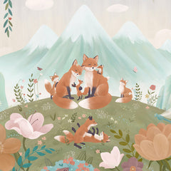 Close-up of the Fox Family wallpaper mural by Oliver Robins