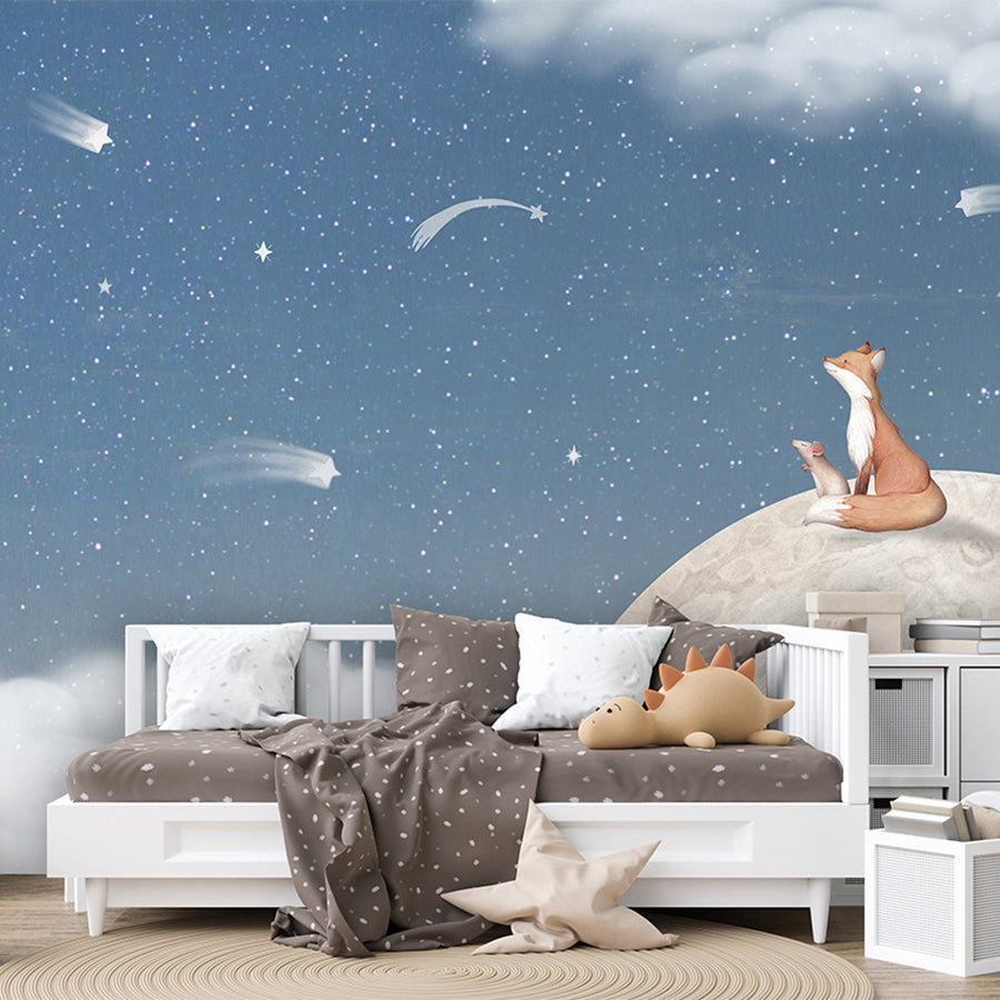 Fox on the Moon – Blue wallpaper mural shown in a children's bedroom sofa