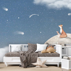 Fox on the Moon – Blue wallpaper mural shown in a children's bedroom sofa