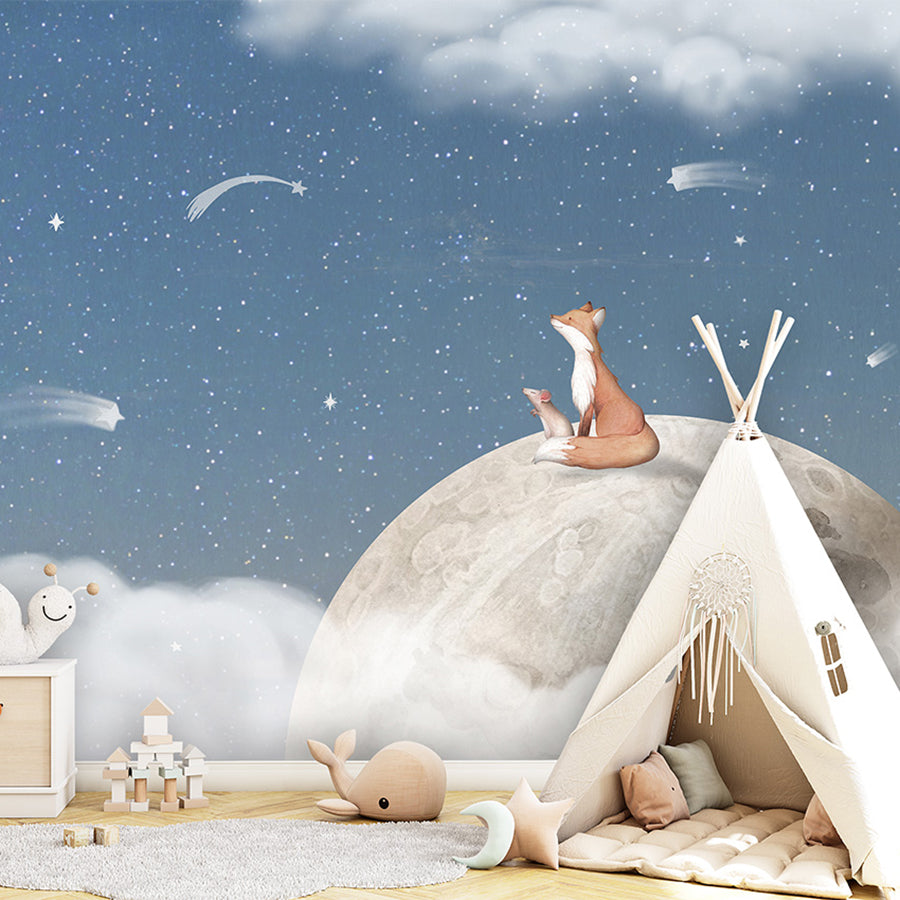 Fox on the Moon – Blue wallpaper mural shown in a children's bedroom teepee