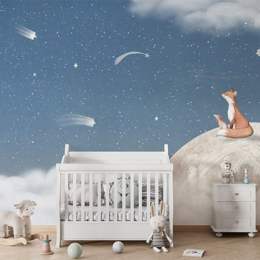 Fox on the Moon – Blue wallpaper mural shown in a children's nursery crib