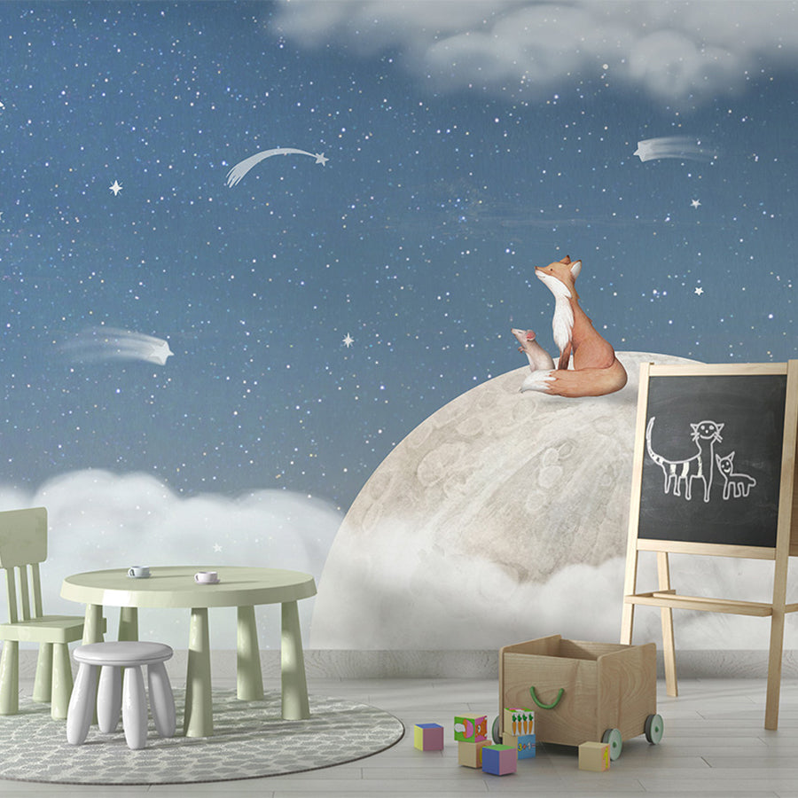 Fox on the Moon – Blue wallpaper mural shown in a children's playroom chalkboard
