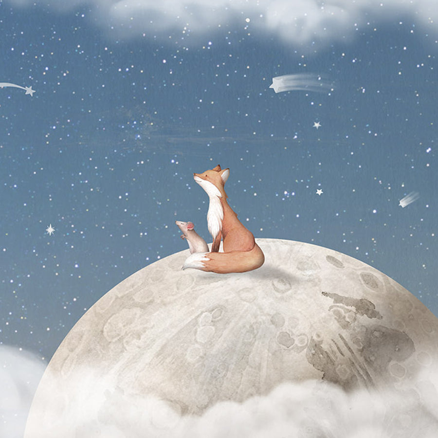 Close-up of the Fox on the Moon – Blue wallpaper mural by Oliver Robins