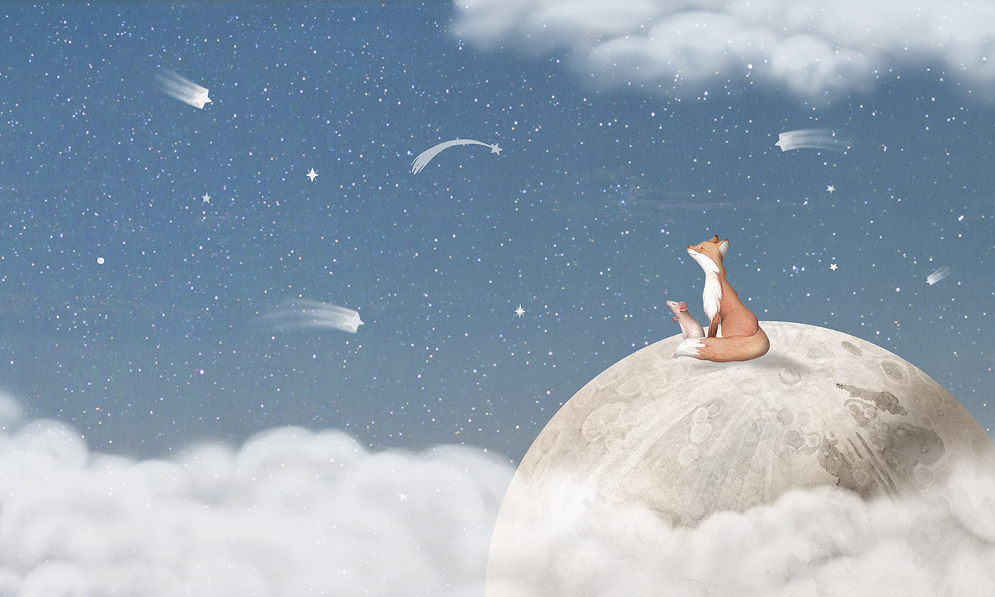 Fox on the Moon – Blue wallpaper mural by Oliver Robins