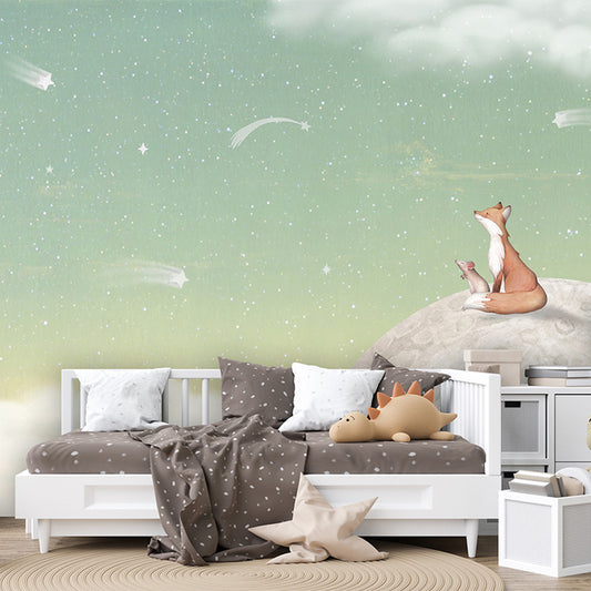 Fox on the Moon – Green wallpaper mural shown in a children's bedroom sofa