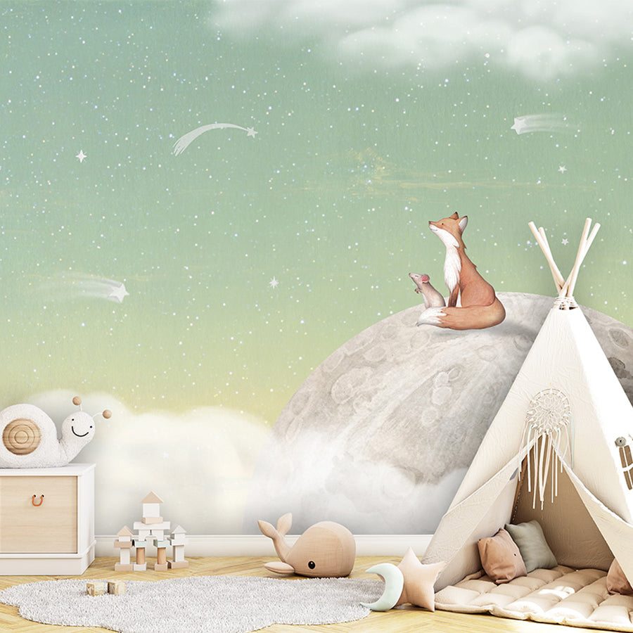 Fox on the Moon – Green wallpaper mural shown in a children's bedroom teepee