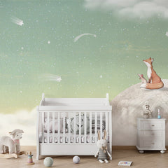 Fox on the Moon – Green wallpaper mural shown in a children's nursery crib