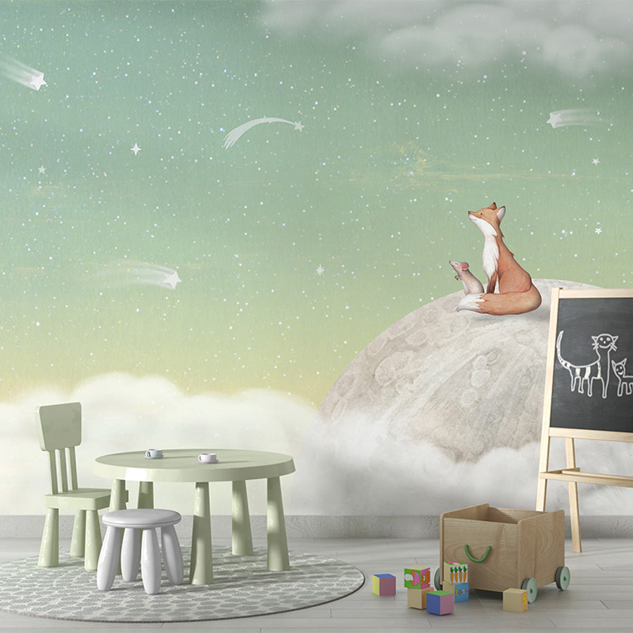 Fox on the Moon – Green wallpaper mural shown in a children's playroom chalkboard