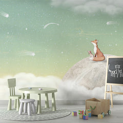 Fox on the Moon – Green wallpaper mural shown in a children's playroom chalkboard