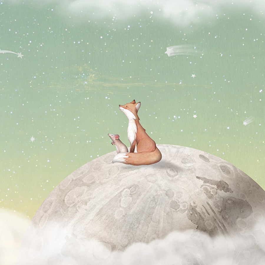 Close-up of the Fox on the Moon – Green wallpaper mural by Oliver Robins
