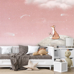 Fox on the Moon – Pink wallpaper mural shown in a children's bedroom sofa