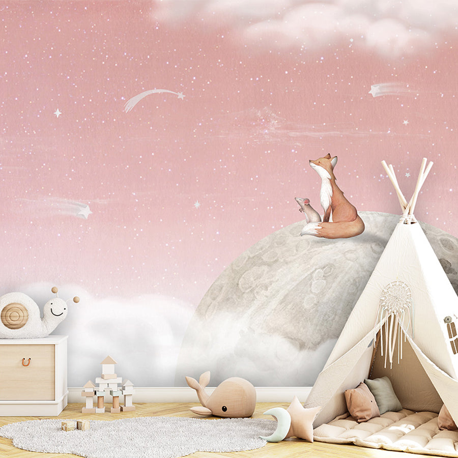 Fox on the Moon – Pink wallpaper mural shown in a children's bedroom teepee