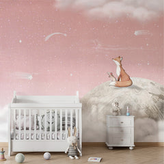 Fox on the Moon – Pink wallpaper mural shown in a children's nursery crib