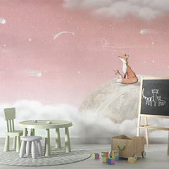 Fox on the Moon – Pink wallpaper mural shown in a children's playroom chalkboard