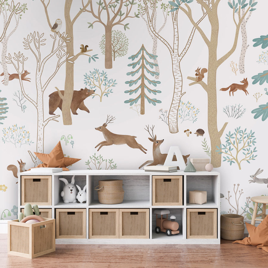 Frisky Forest – Blue wallpaper mural shown in a children's bedroom dresser