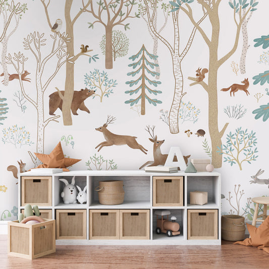 Frisky Forest – Blue wallpaper mural shown in a children's bedroom dresser