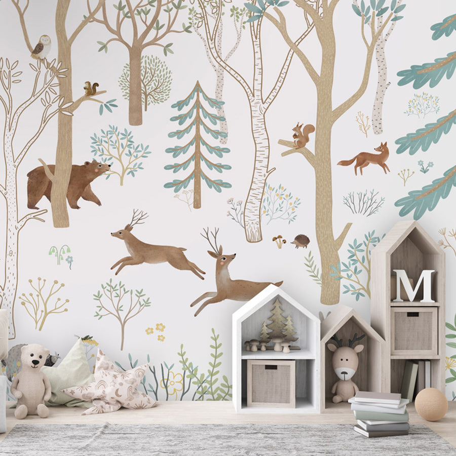 Frisky Forest – Blue wallpaper mural shown in a children's bedroom house shelves