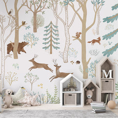 Frisky Forest – Blue wallpaper mural shown in a children's bedroom house shelves
