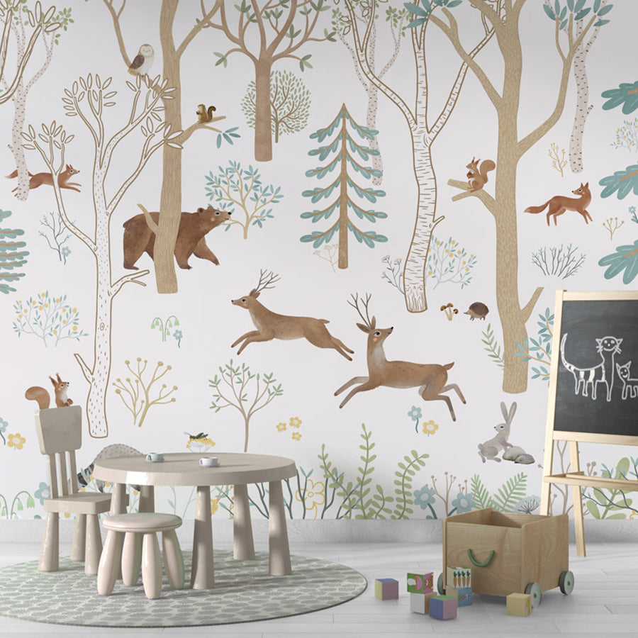 Frisky Forest – Blue wallpaper mural shown in a children's playroom chalkboard
