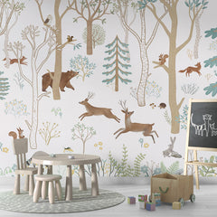 Frisky Forest – Blue wallpaper mural shown in a children's playroom chalkboard