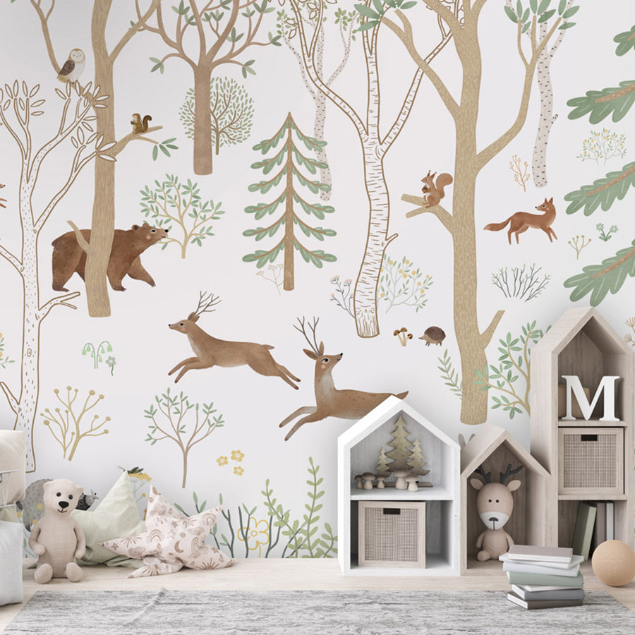 Frisky Forest – Green wallpaper mural shown in a children's bedroom house shelves