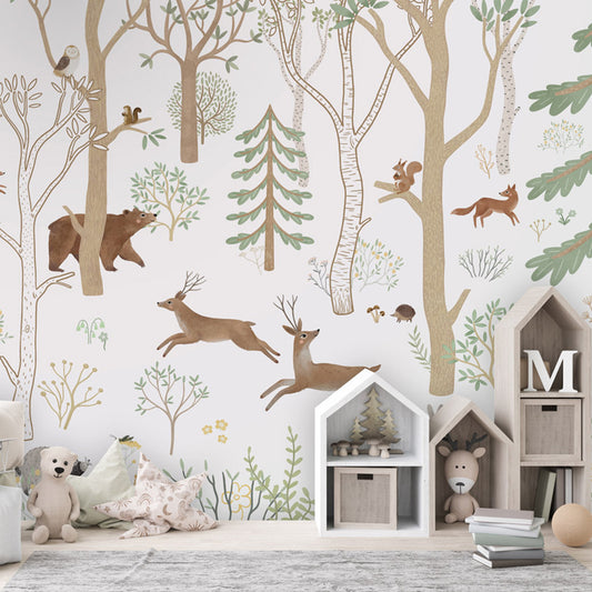 Frisky Forest – Green wallpaper mural shown in a children's bedroom house shelves