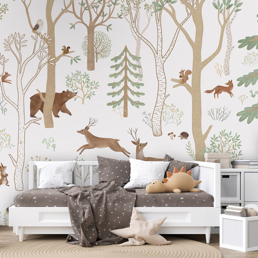 Frisky Forest – Green wallpaper mural shown in a children's bedroom sofa