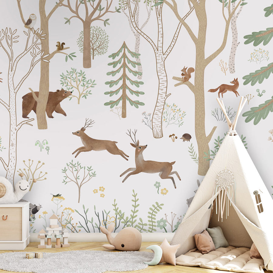 Frisky Forest – Green wallpaper mural shown in a children's bedroom teepee