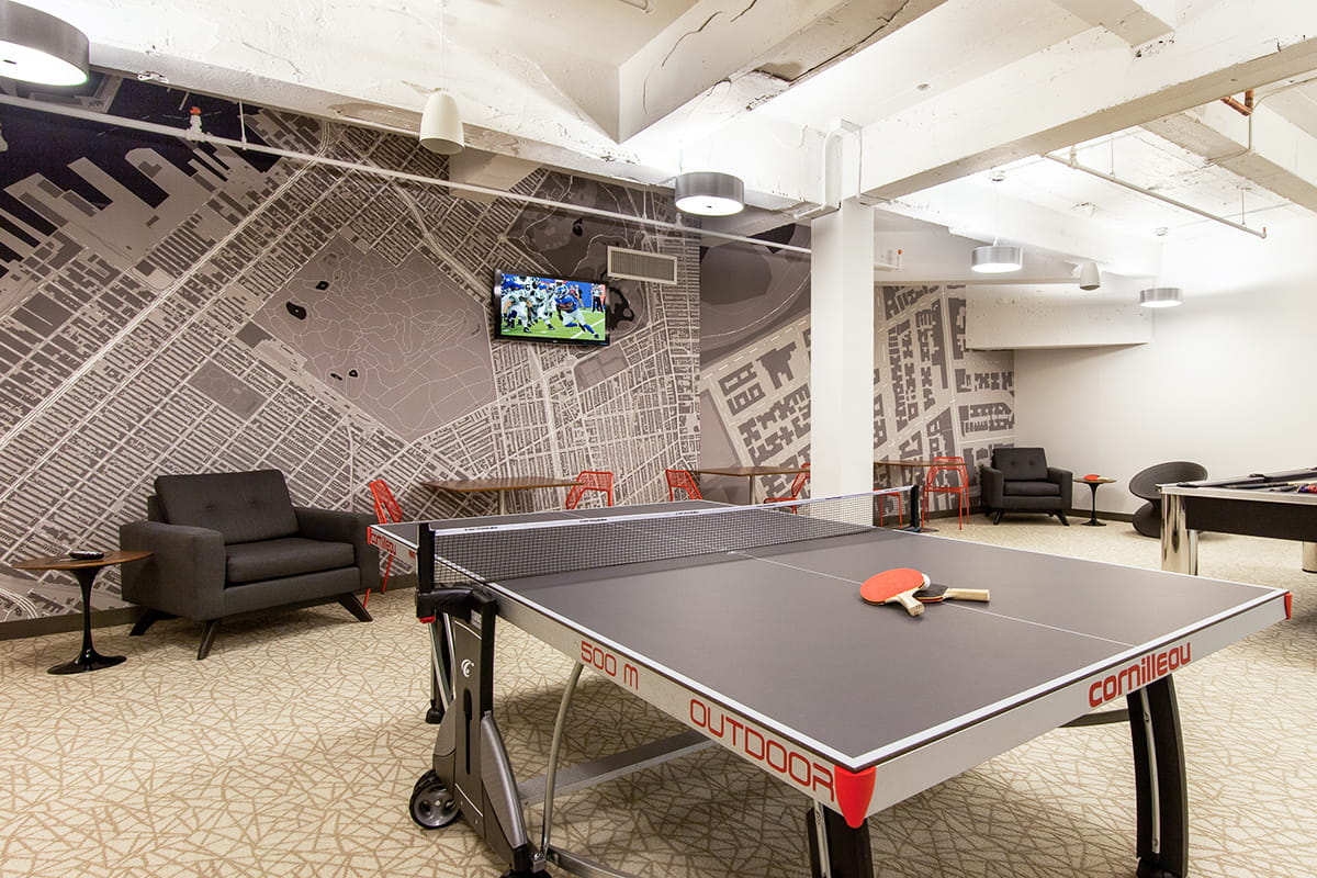 New York, USA · Custom map wallpaper in black & white in a games room