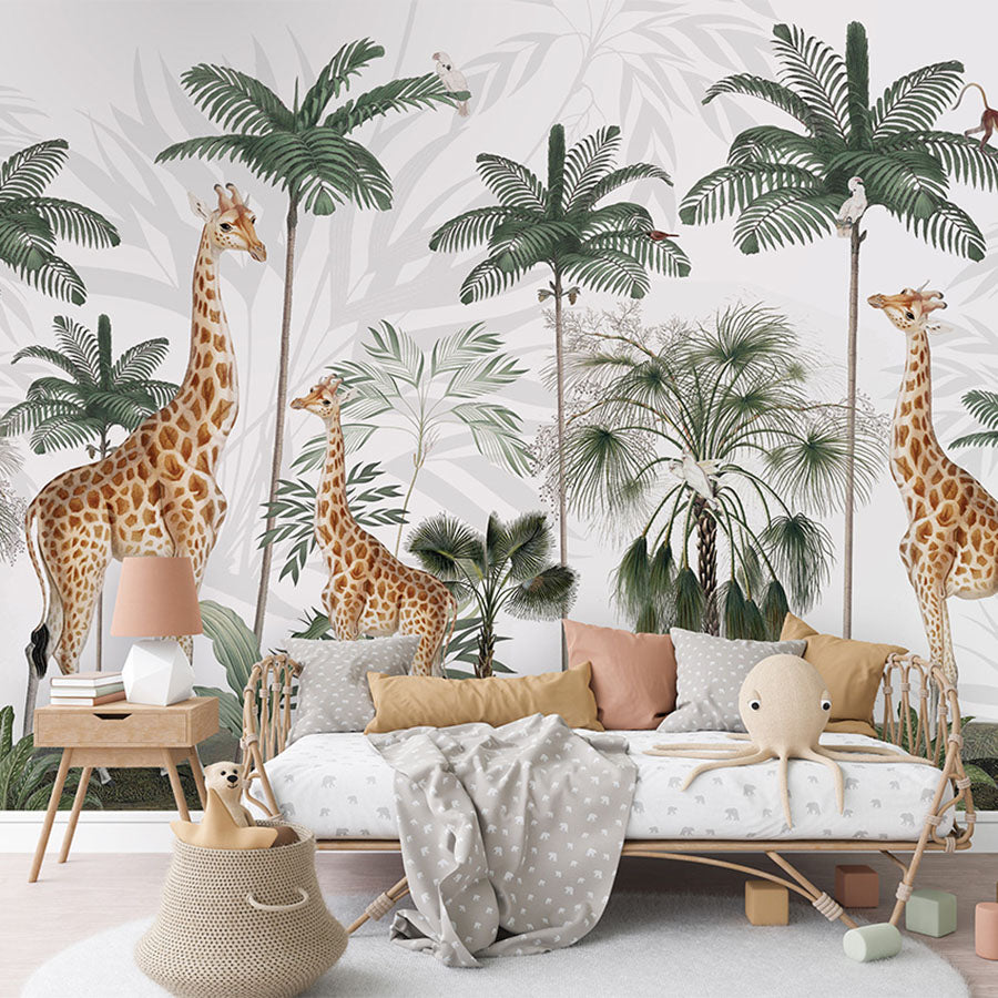 Gracious Giraffes wallpaper mural in a children’s bedroom rattan daybed