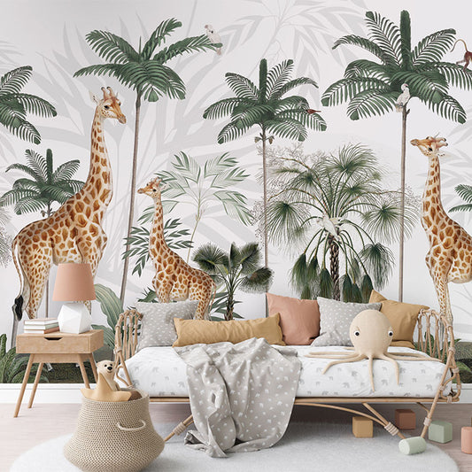 Gracious Giraffes wallpaper mural in a children’s bedroom rattan daybed
