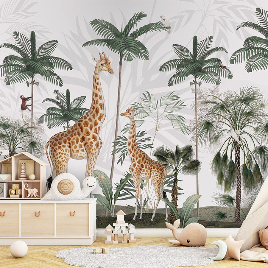 Gracious Giraffes wallpaper mural in a children’s playroom