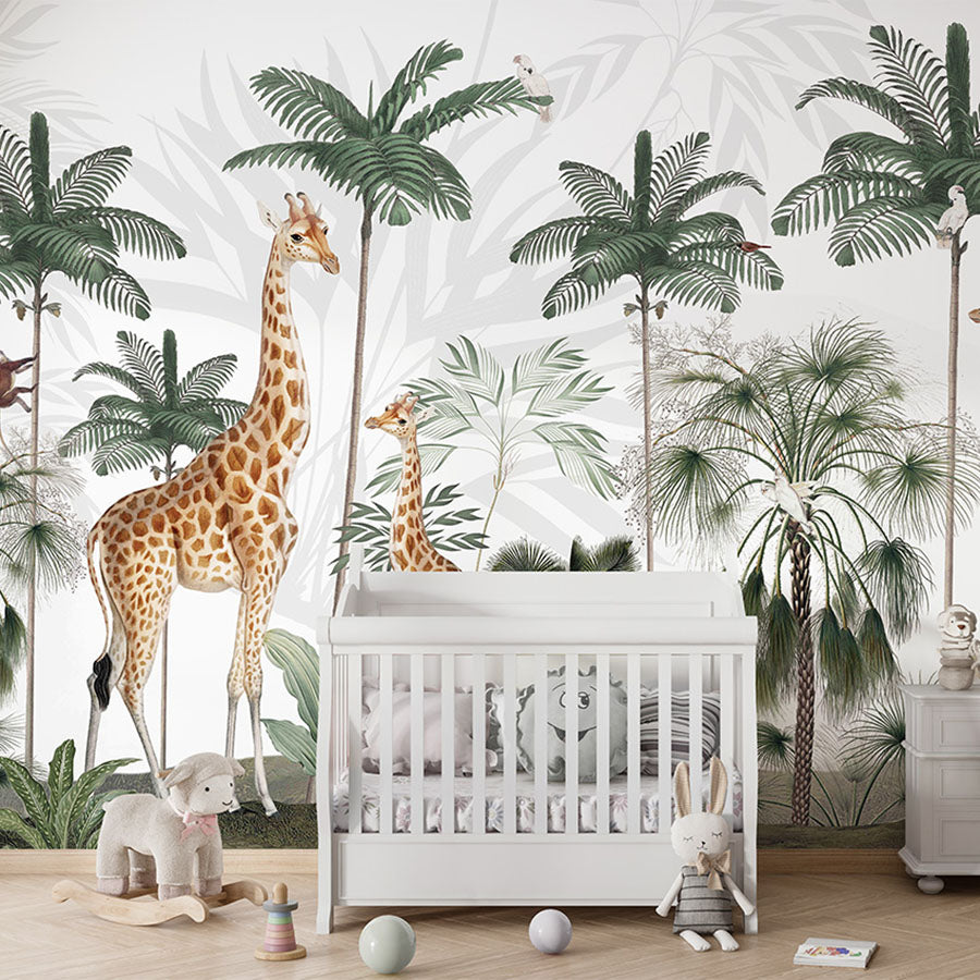 Gracious Giraffes wallpaper mural in a nursery cot