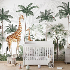 Gracious Giraffes wallpaper mural in a nursery cot