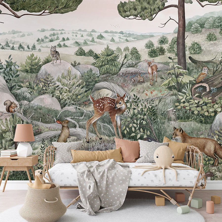 Happy Hills wallpaper mural in a children’s bedroom rattan daybed