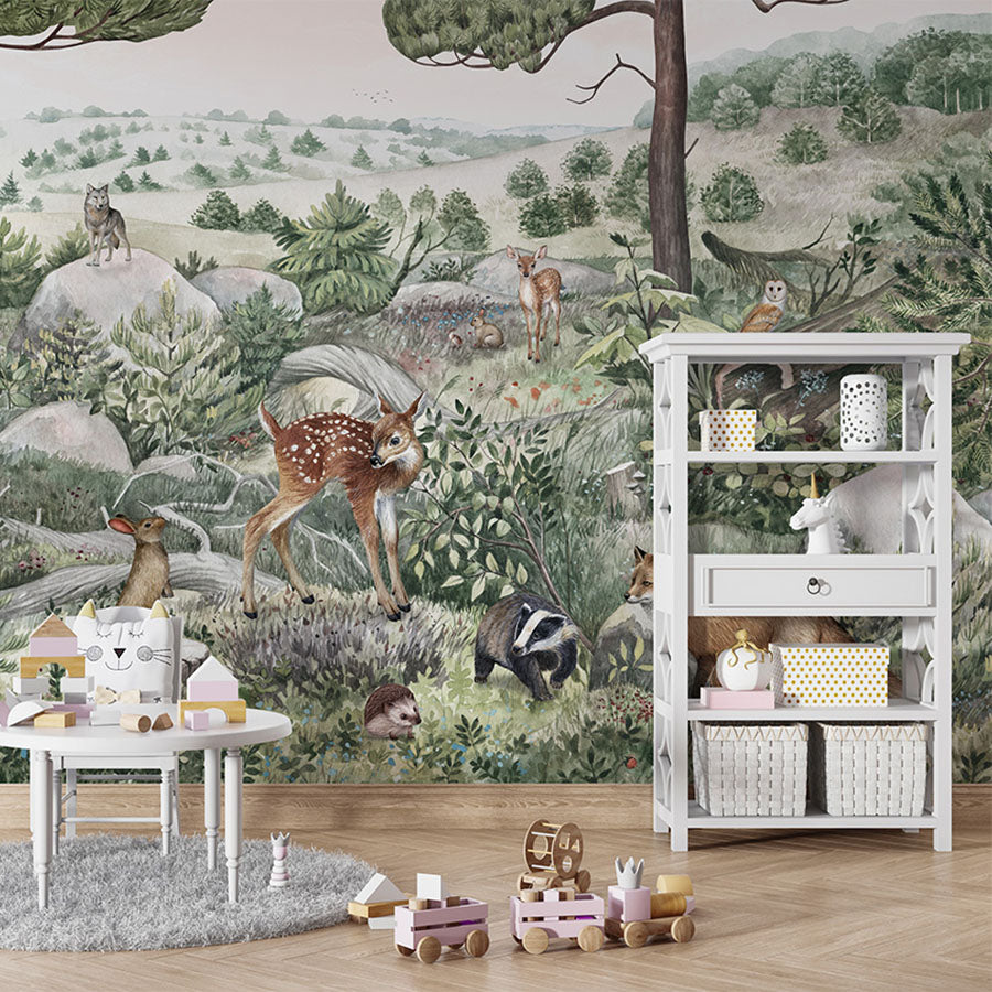 Happy Hills wallpaper mural in a children’s playroom table