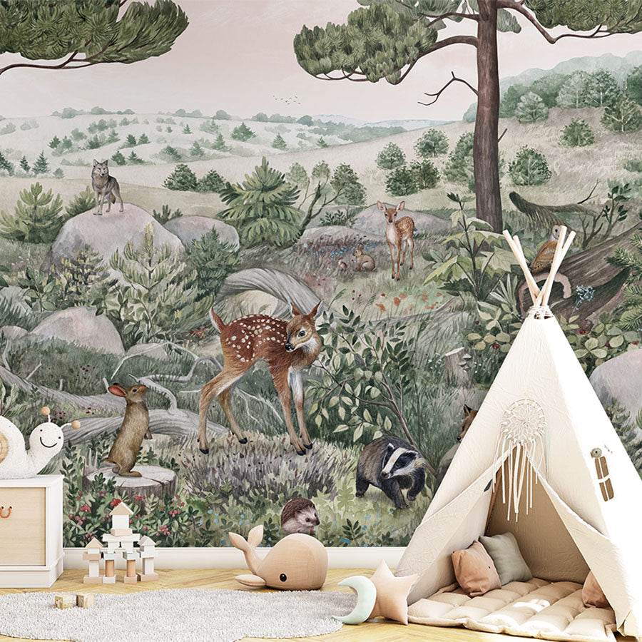 Happy Hills wallpaper mural in a children’s playroom tipi