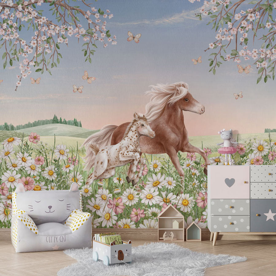 Happy Horses wallpaper mural in a children’s playroom armchair