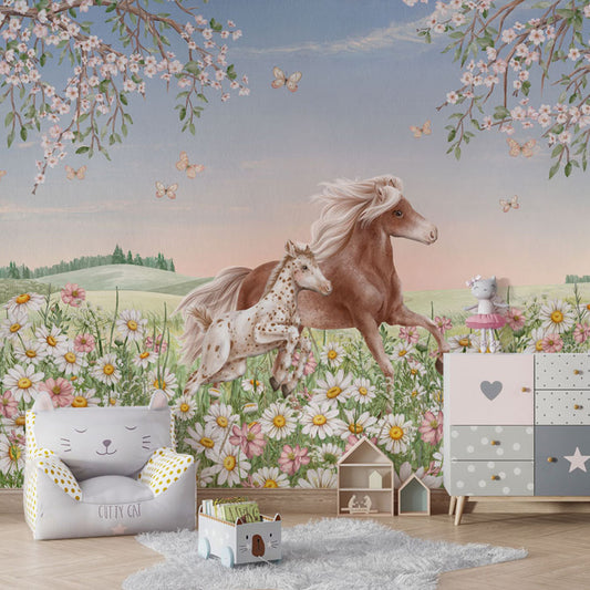 Happy Horses wallpaper mural in a children’s playroom armchair