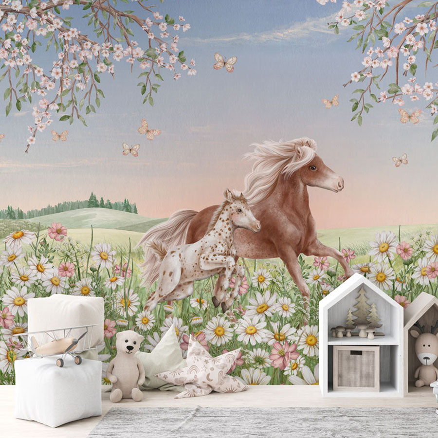 Happy Horses wallpaper mural in a children’s playroom