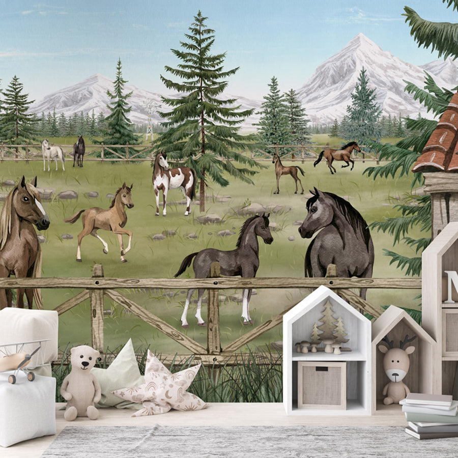 Horse Haven wallpaper mural shown in a children's bedroom house shelves