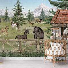 Horse Haven wallpaper mural shown in a children's nursery crib