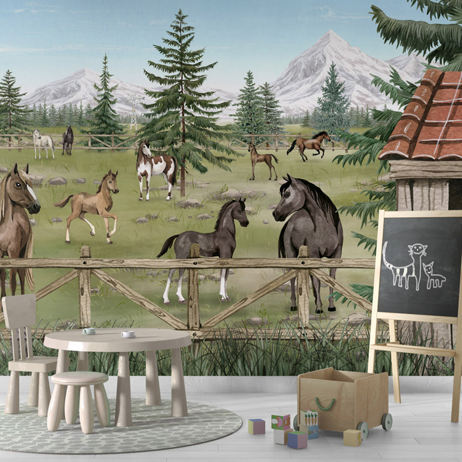 Horse Haven wallpaper mural shown in a children's playroom chalkboard