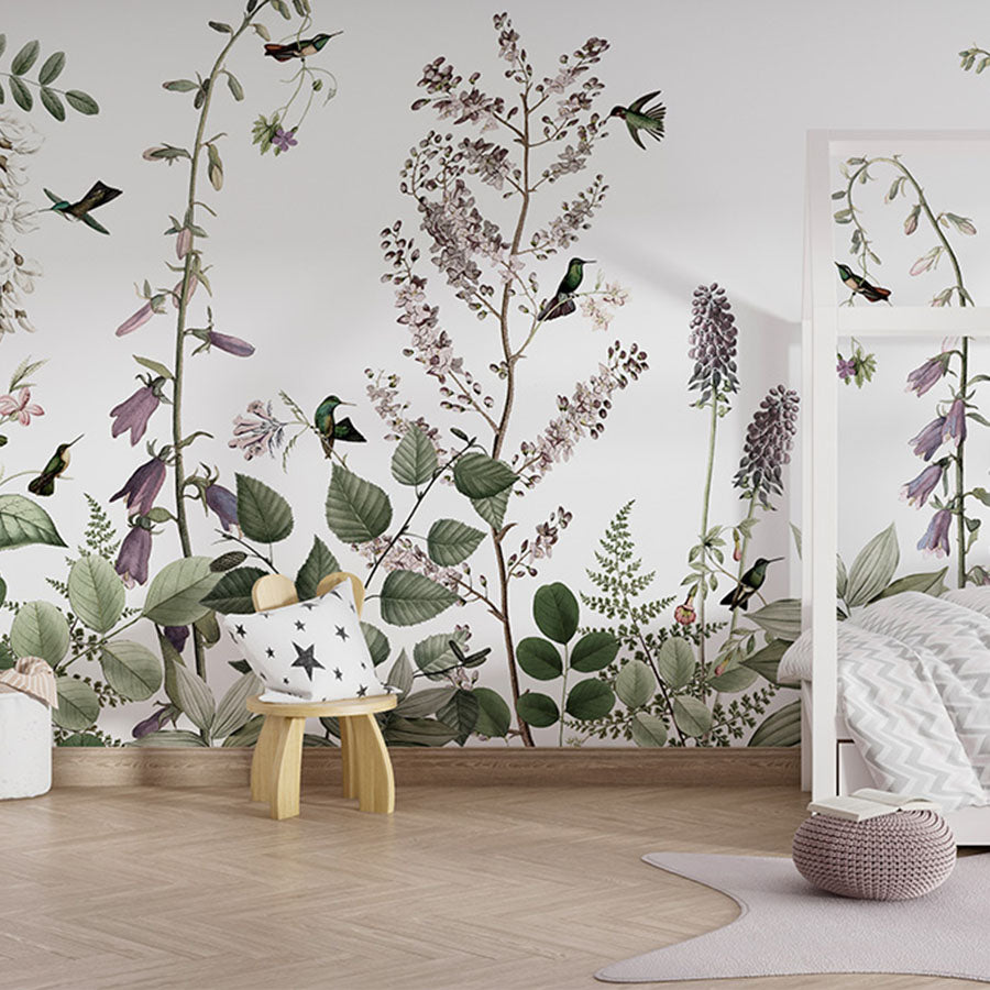 Hummingbird Hedge wallpaper mural in a children’s bedroom house bed