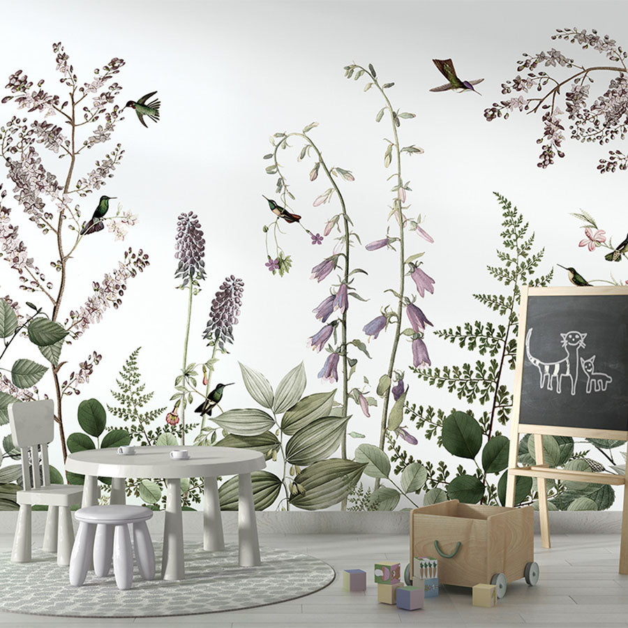 Hummingbird Hedge wallpaper mural in a children’s playroom school board