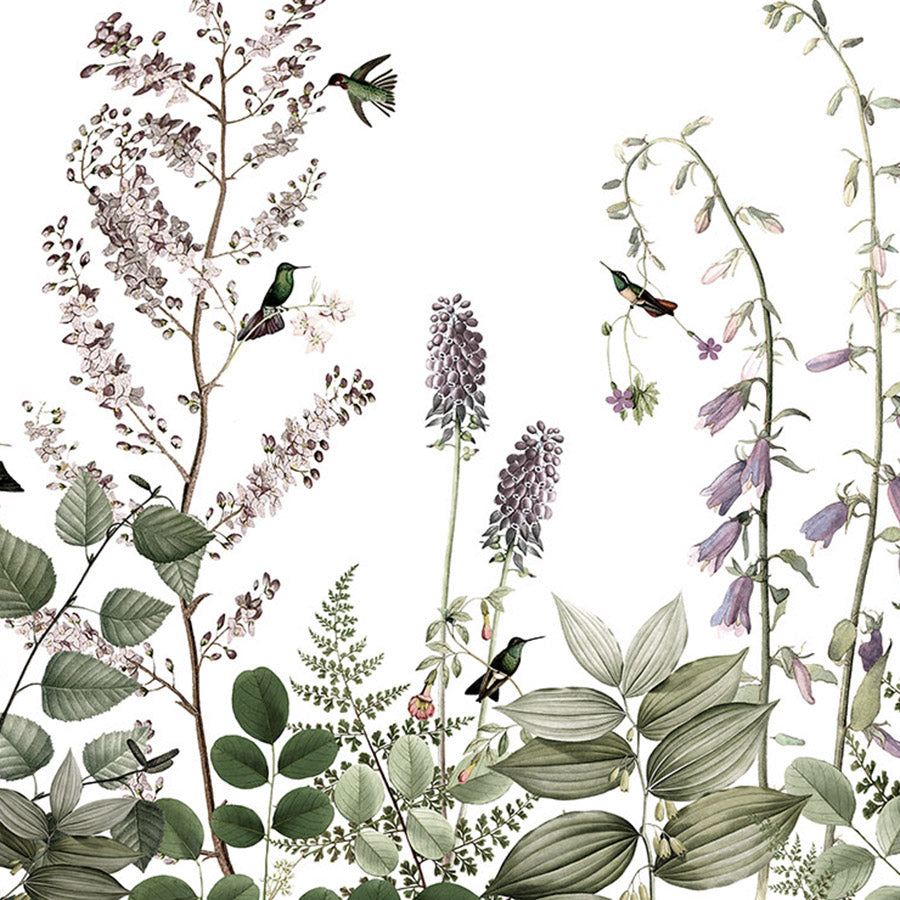 Close-up of the Hummingbird Hedge wallpaper mural