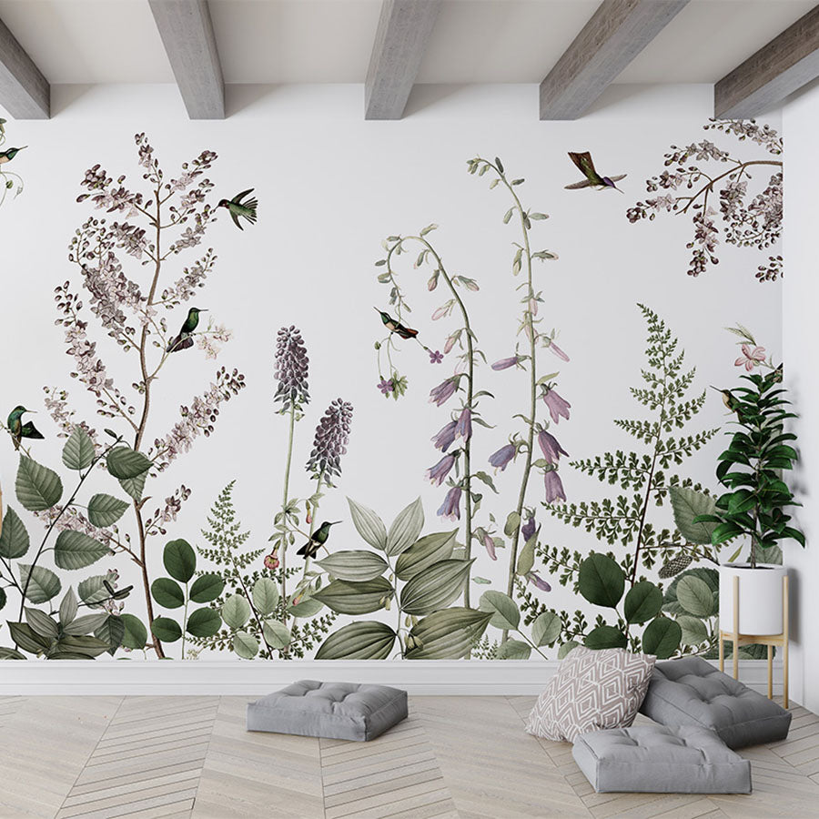 Hummingbird Hedge wallpaper mural in a living room floor cushions