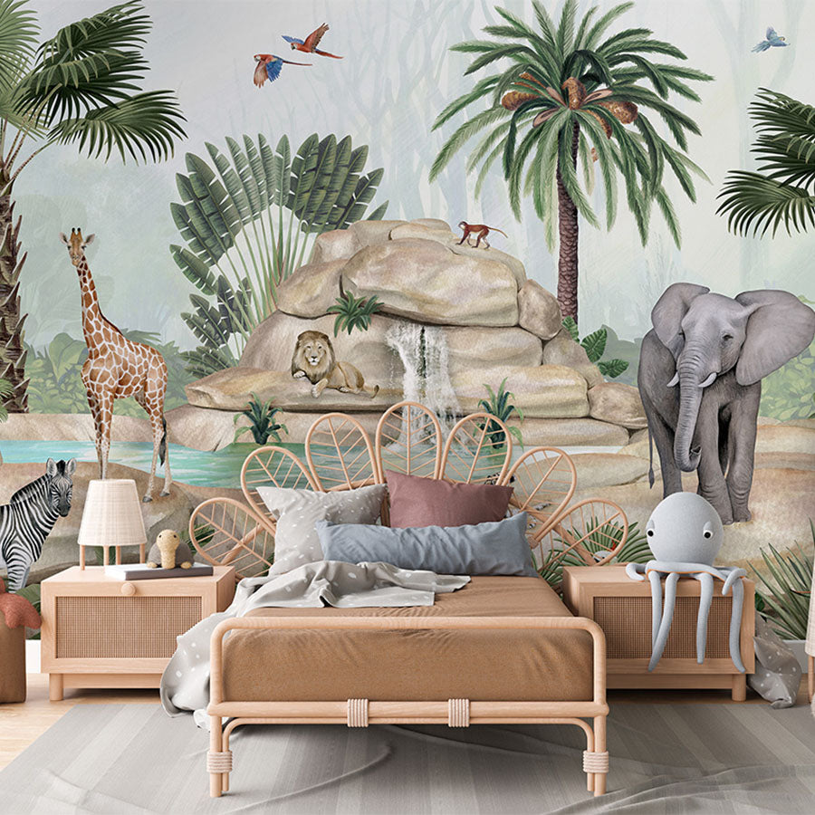 Jolly Jungle wallpaper mural in a children’s bedroom rattan bed